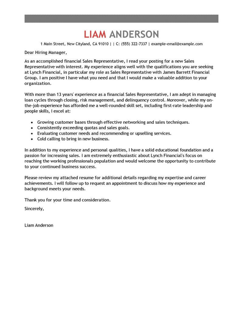 Best Sales Representative Cover Letter Examples Livecareer inside measurements 800 X 1035