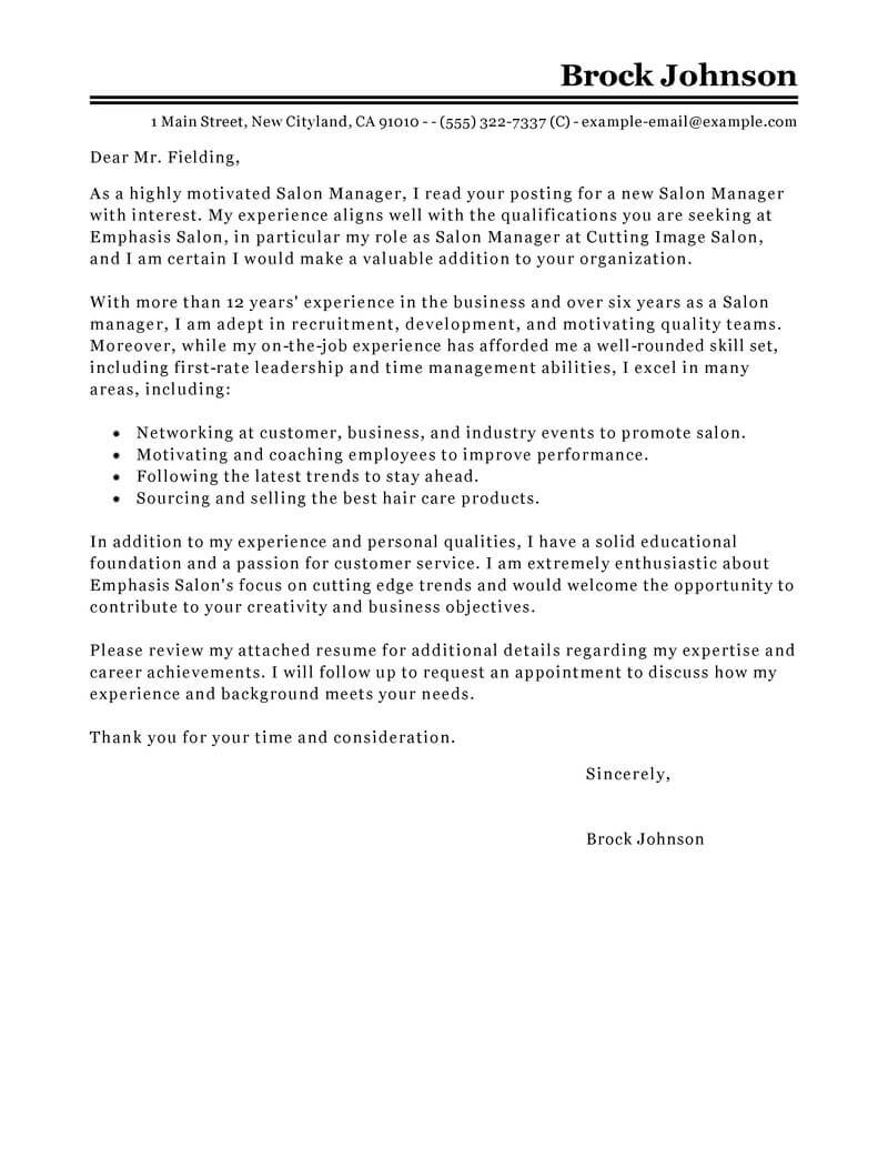 Best Salon Manager Cover Letter Examples Livecareer regarding size 800 X 1035