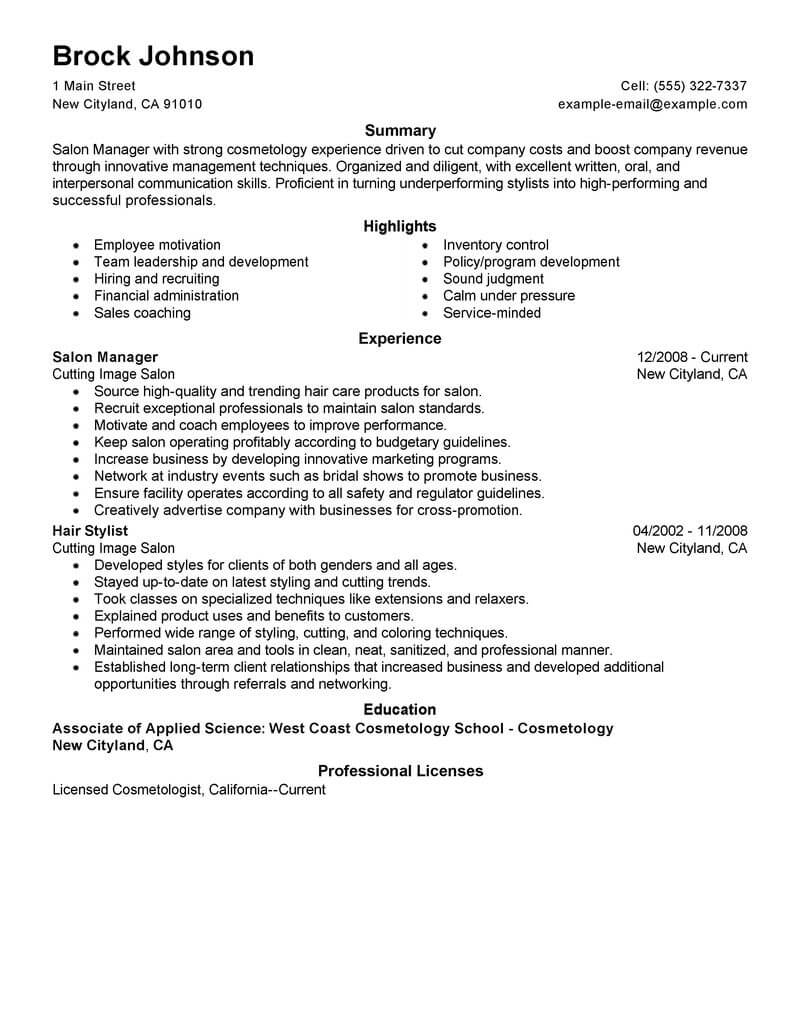 Best Salon Manager Resume Example Livecareer regarding sizing 800 X 1035