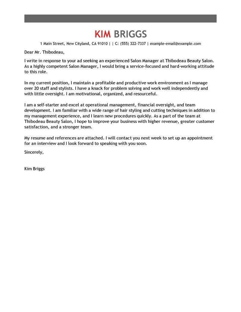 Best Salon Spa Fitness Cover Letter Examples Livecareer in proportions 800 X 1035