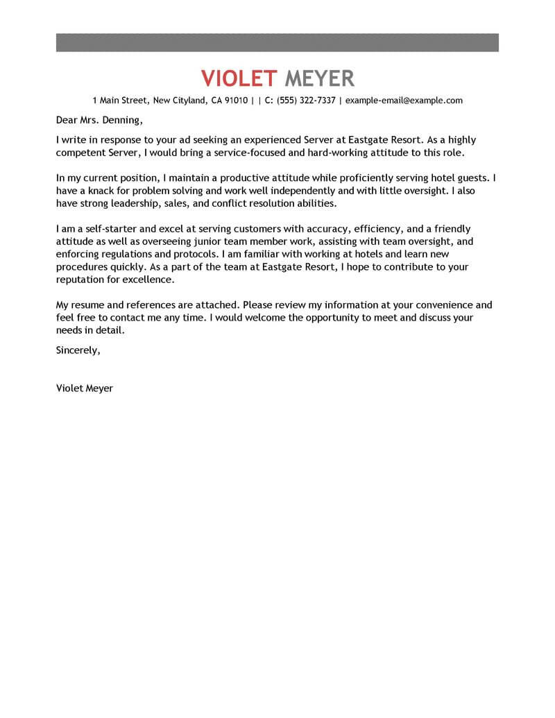 Best Server Cover Letter Examples Livecareer for measurements 800 X 1035