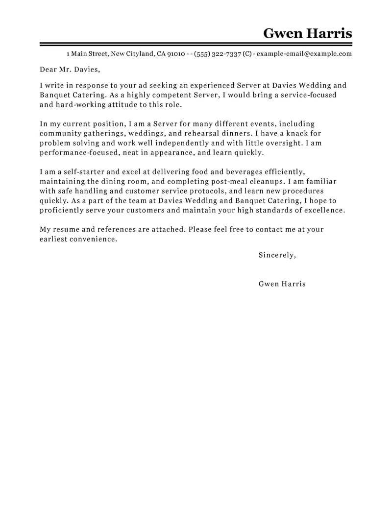 Best Server Cover Letter Examples Livecareer inside sizing 800 X 1035