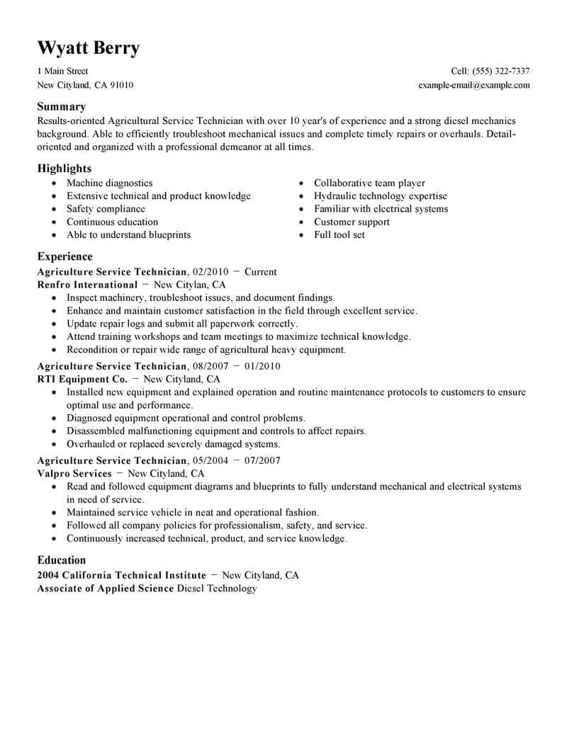 Best Service Technician Resume Example Livecareer with dimensions 800 X 1035