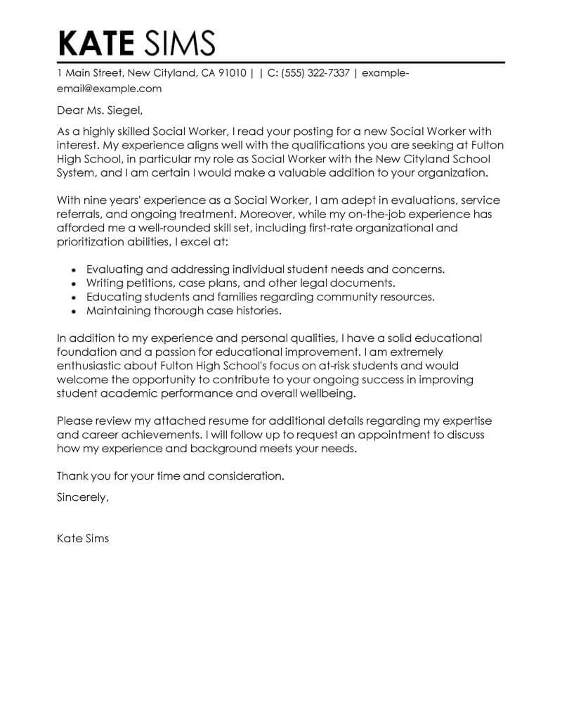 Best Social Worker Cover Letter Examples Livecareer for proportions 800 X 1035