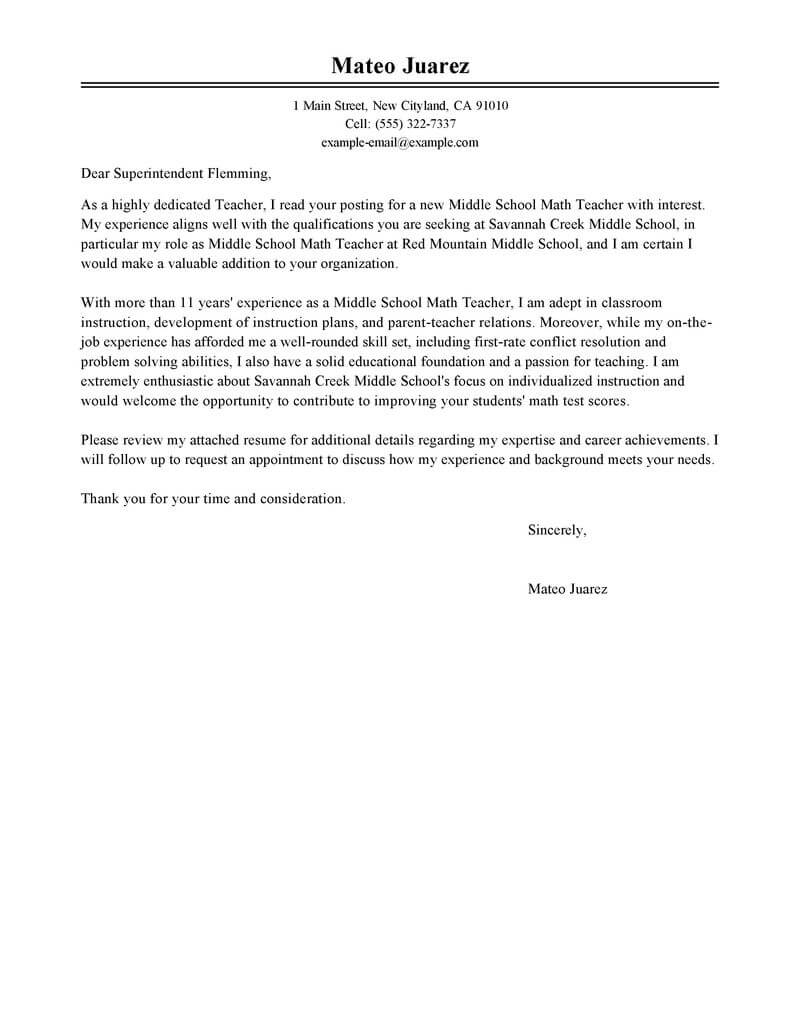 Best Teacher Cover Letter Examples Livecareer regarding sizing 800 X 1035