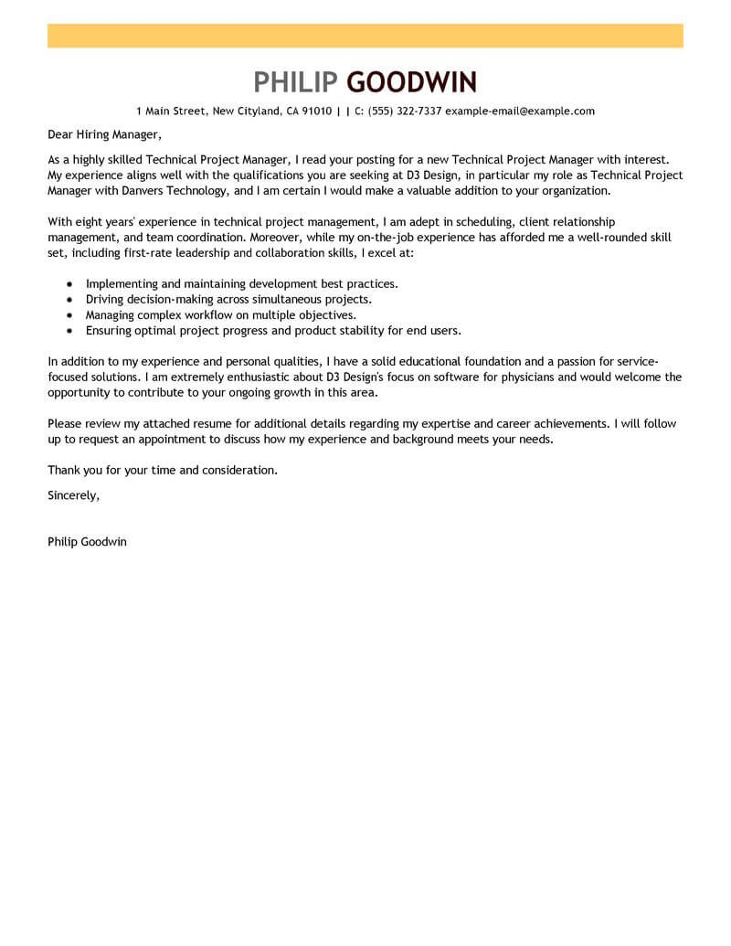 Best Technical Project Manager Cover Letter Examples with proportions 800 X 1035