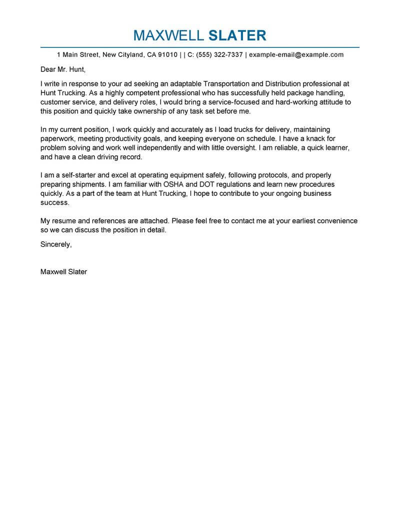 Best Transportation Cover Letter Examples Livecareer with sizing 800 X 1035