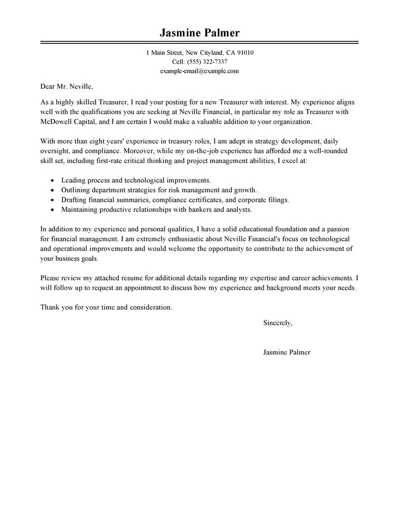 Best Treasurer Cover Letter Examples Livecareer for sizing 800 X 1035