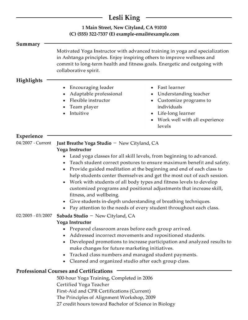 Best Yoga Instructor Resume Example Livecareer regarding proportions 800 X 1035