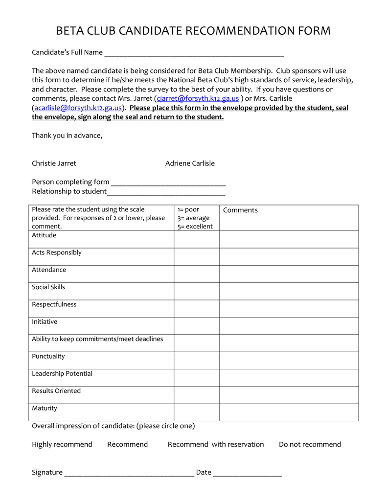 Beta Club Candidate Recommendation Form in proportions 791 X 1024