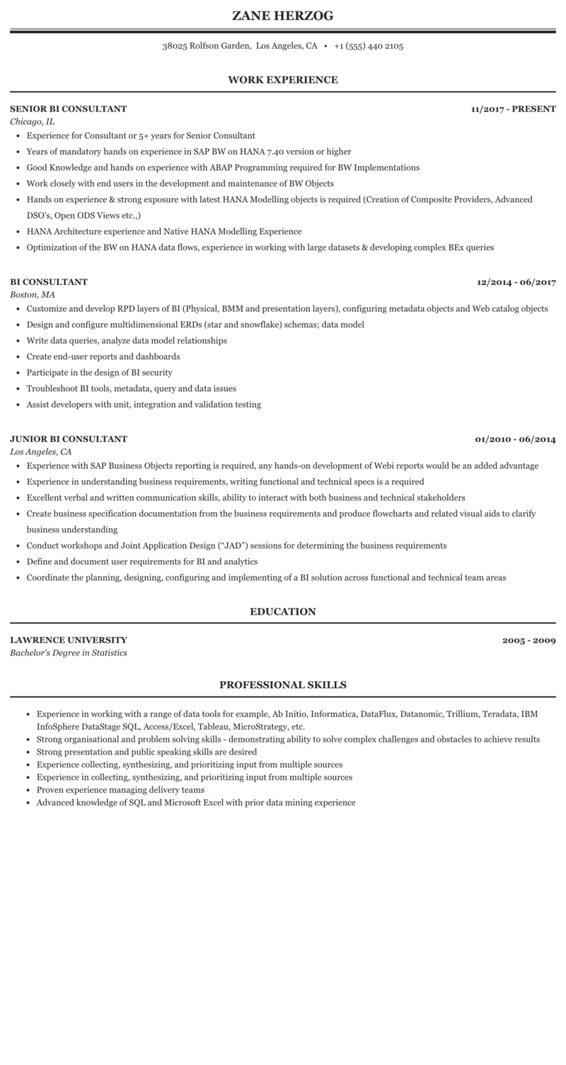 Bi Consultant Resume Sample Mintresume for measurements 800 X 1506