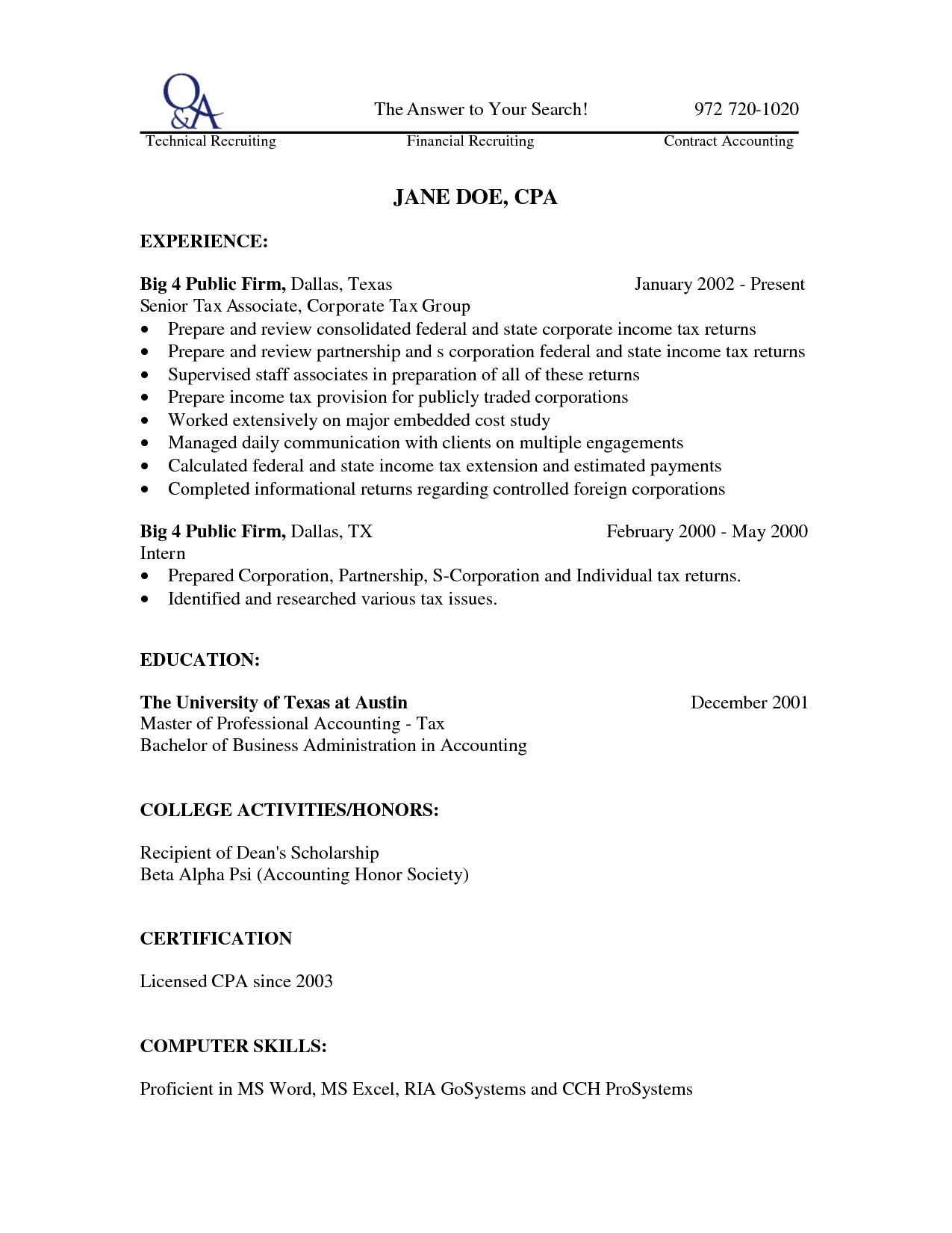 Big 4 Cv Template Resume Examples Professional Resume with regard to size 1275 X 1650