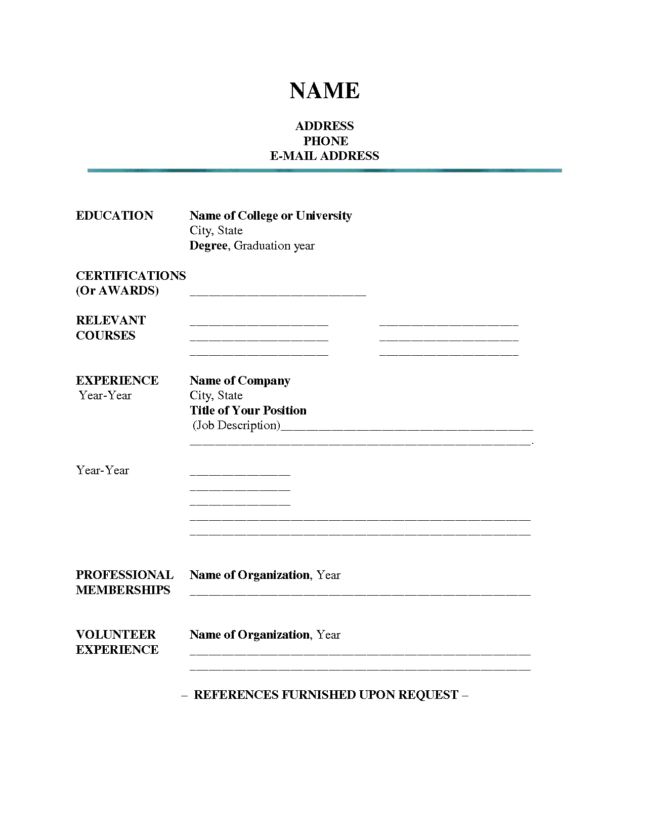 Blank Resume Template Ecommercewordpress Student Resume regarding size 1275 X 1650