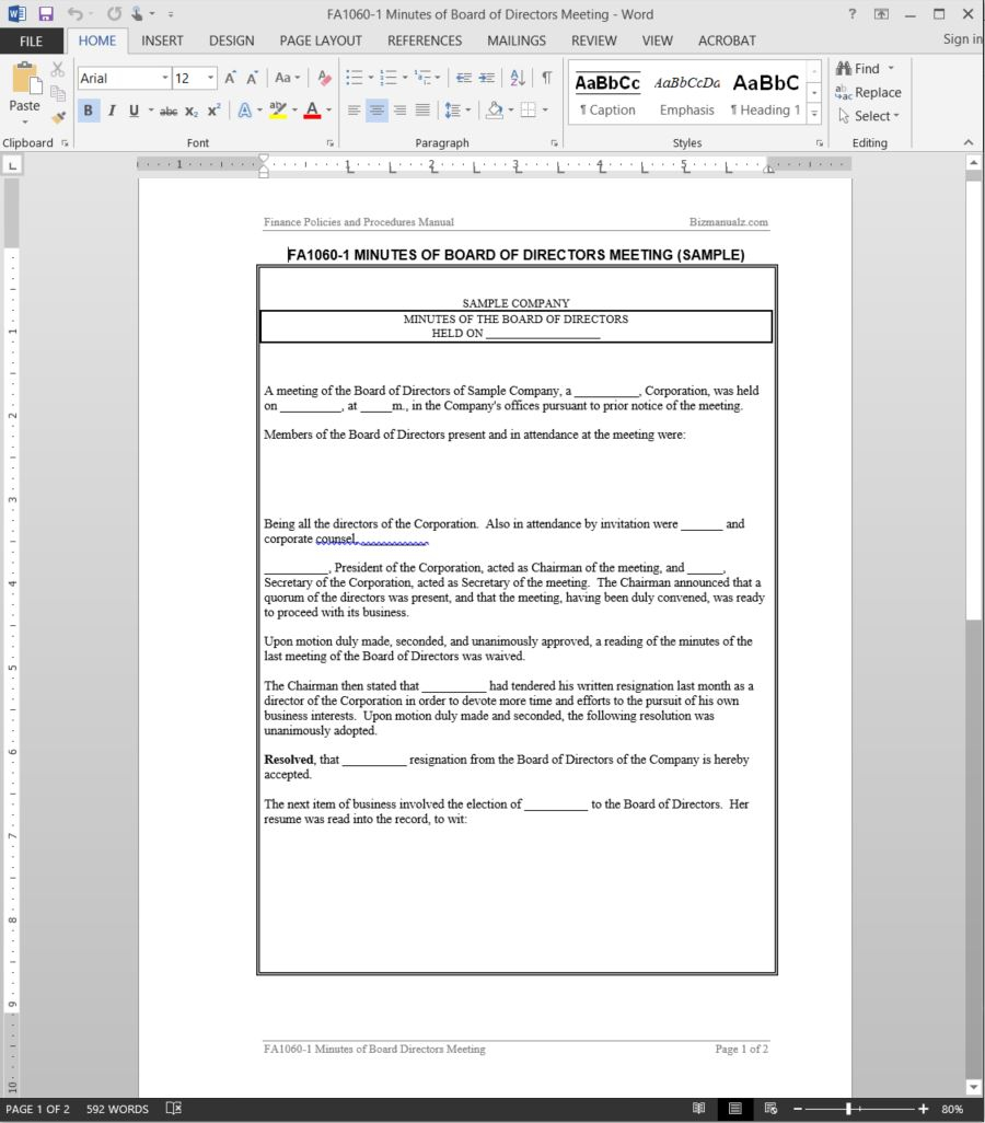 Board Of Directors Meeting Minutes Template Fa1060 1 pertaining to sizing 900 X 1026