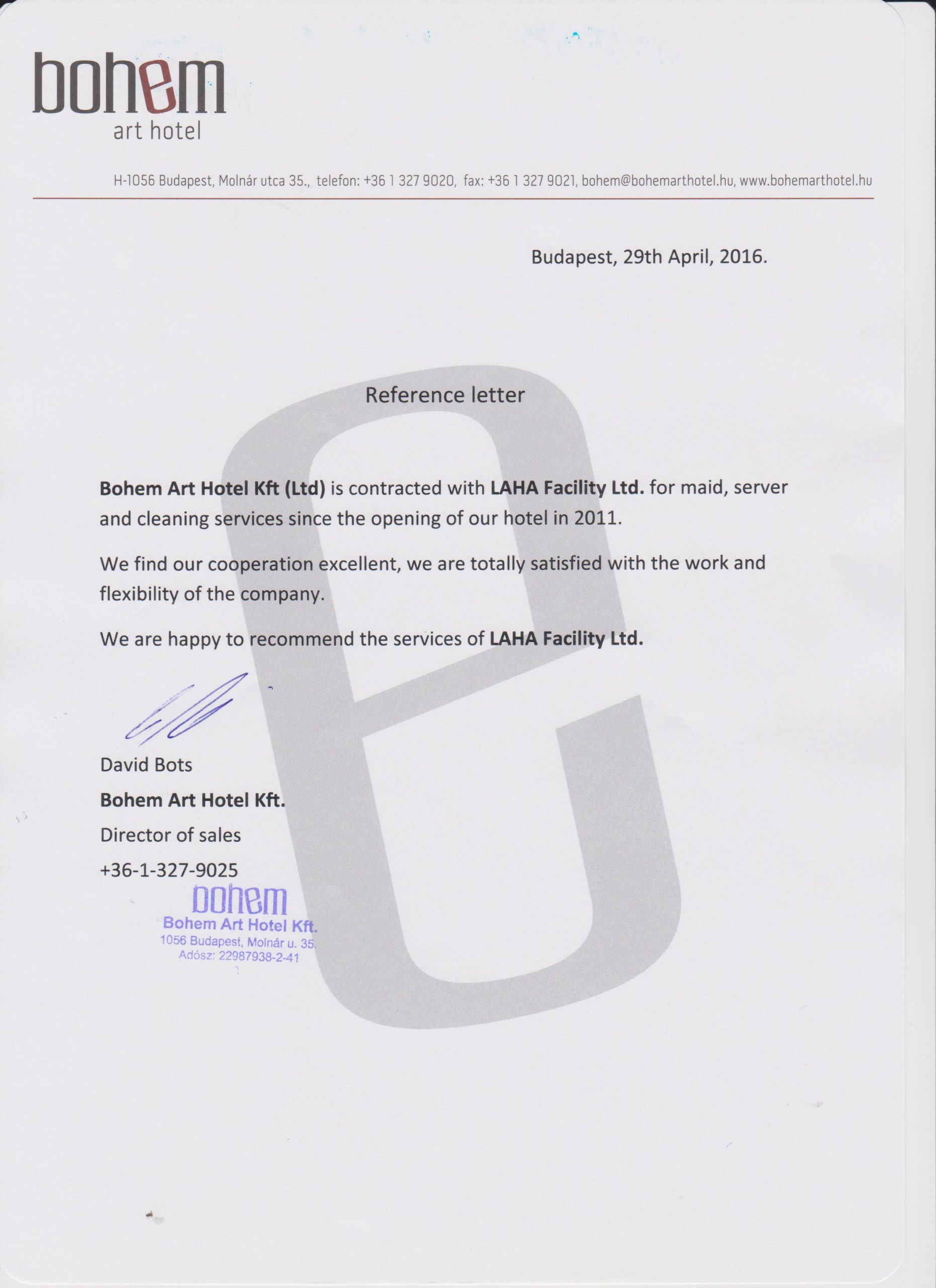 Bohem Art Hotel Reference Letter for proportions 2550 X 3507