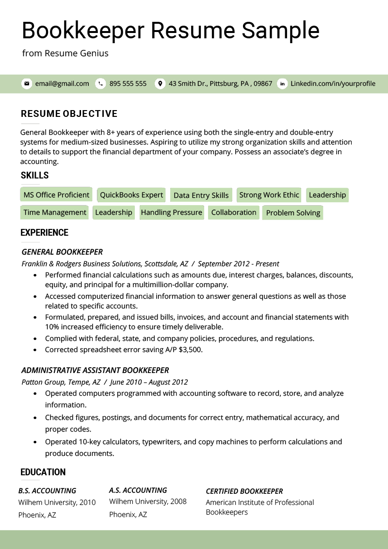 Bookkeeper Resume Sample Guide Resume Genius with regard to dimensions 800 X 1132