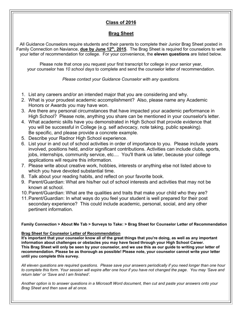 Brag Sheet For Counselor Letter Of Recommendation within measurements 791 X 1024