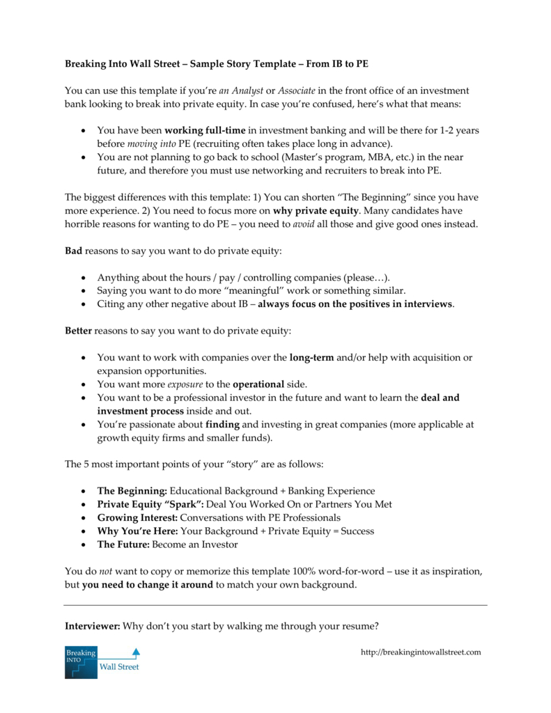 Breaking Into Wall Street Sample Story Template From Ib regarding size 791 X 1024