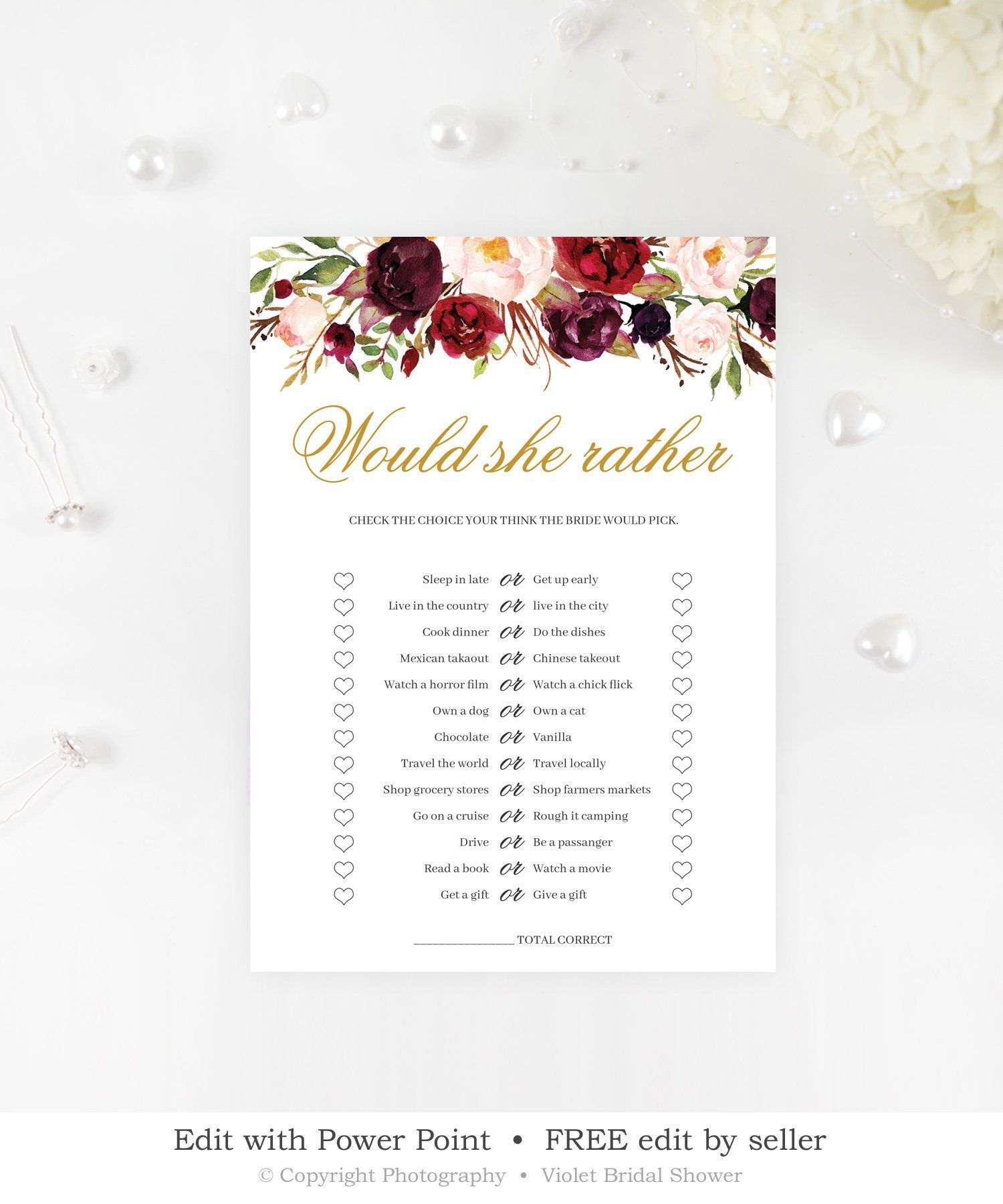 Burgundy Would She Rather Game Personalize Bridal Shower with proportions 1500 X 1800