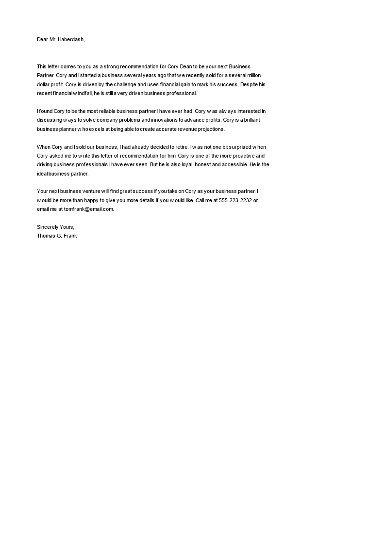 Business Partner Recommendation Letter Templates At with sizing 793 X 1122