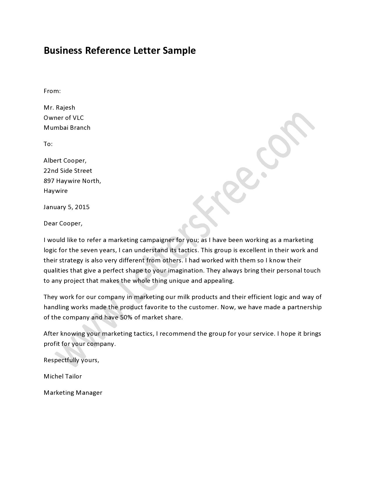 Business Reference Letter Professional Reference Letter throughout size 1275 X 1650