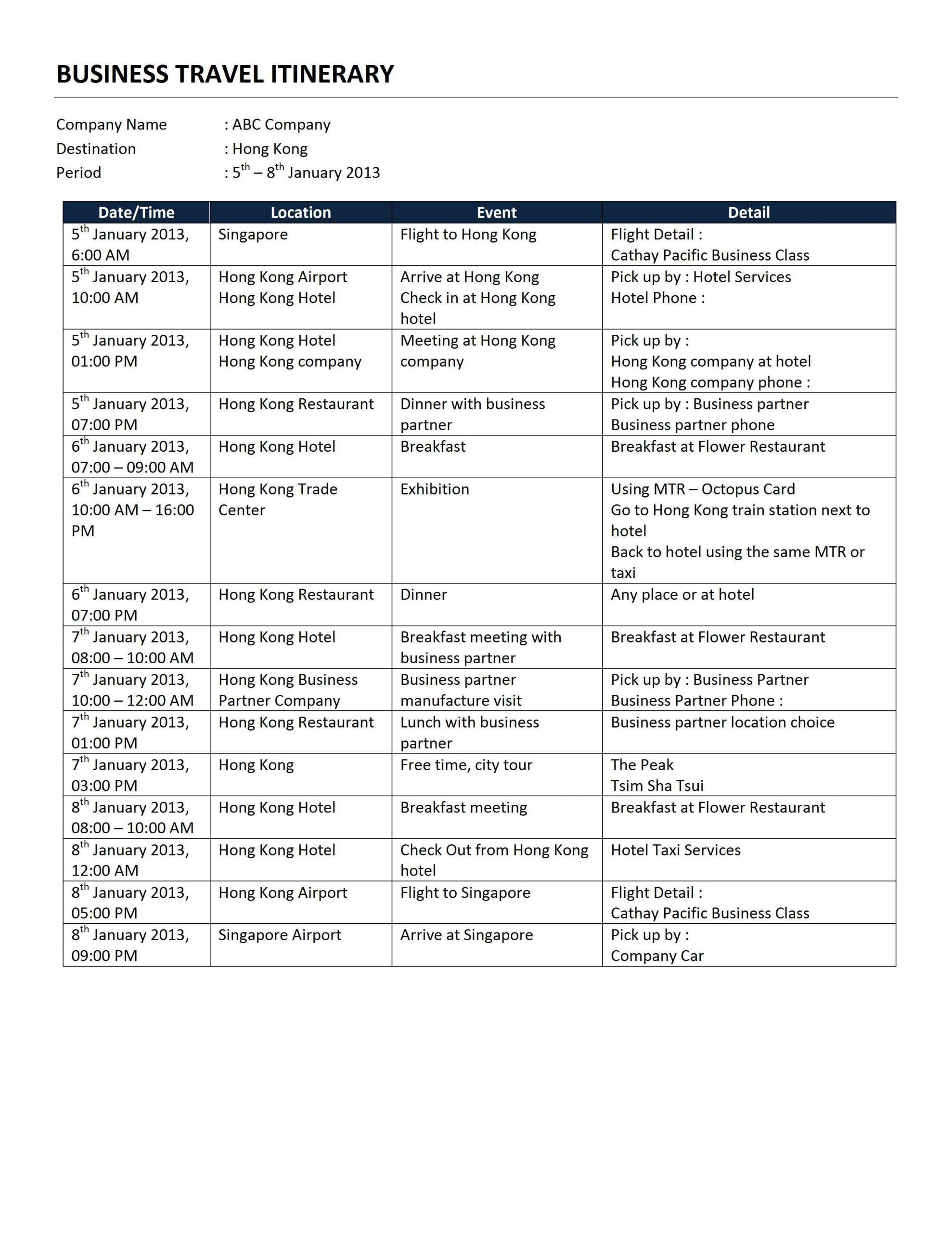 Business Trip Itinerary Examples Debandje throughout measurements 2550 X 3300