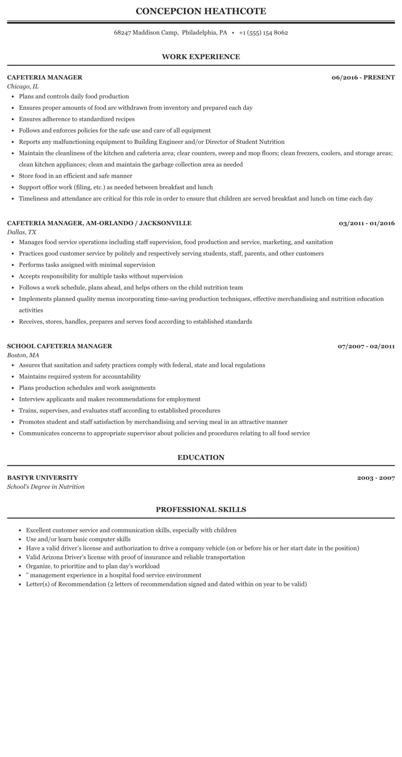 Cafeteria Manager Resume Sample Mintresume regarding dimensions 800 X 1506