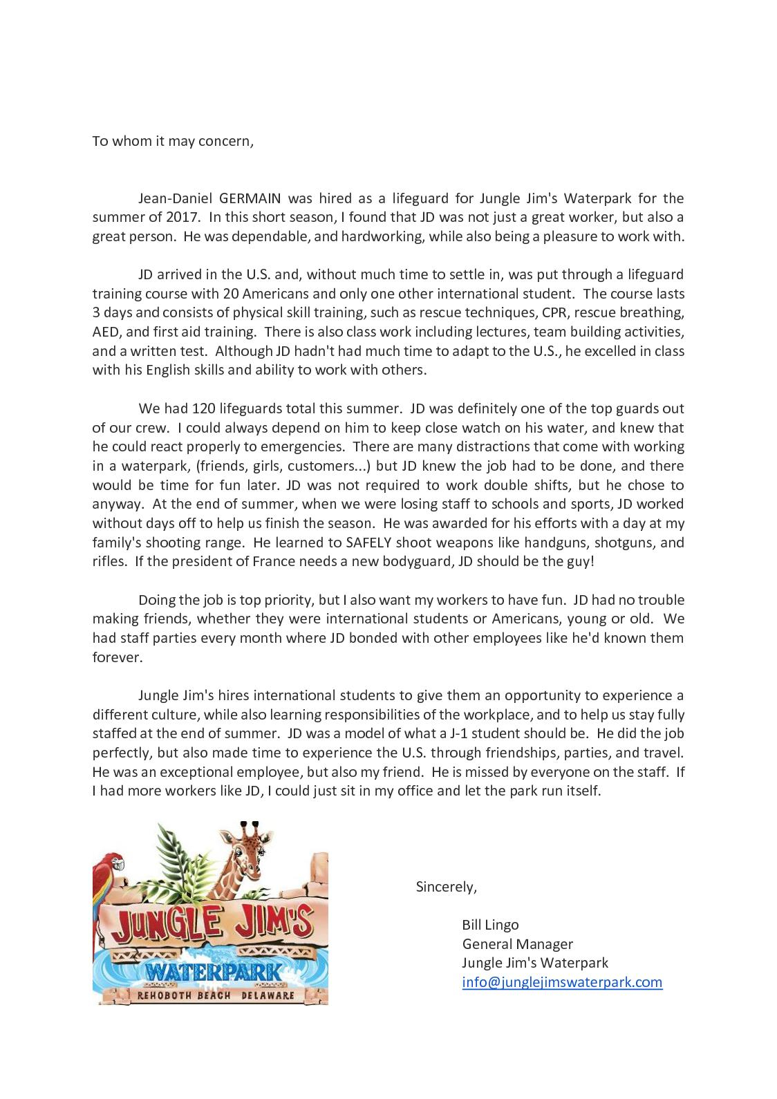 Calamo Jungle Jims Recommendation Letter in size 1124 X 1590