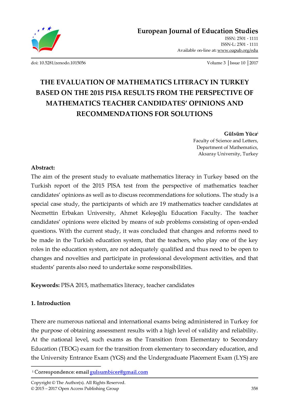 Calamo The Evaluation Of Mathematics Literacy In Turkey throughout size 1124 X 1590