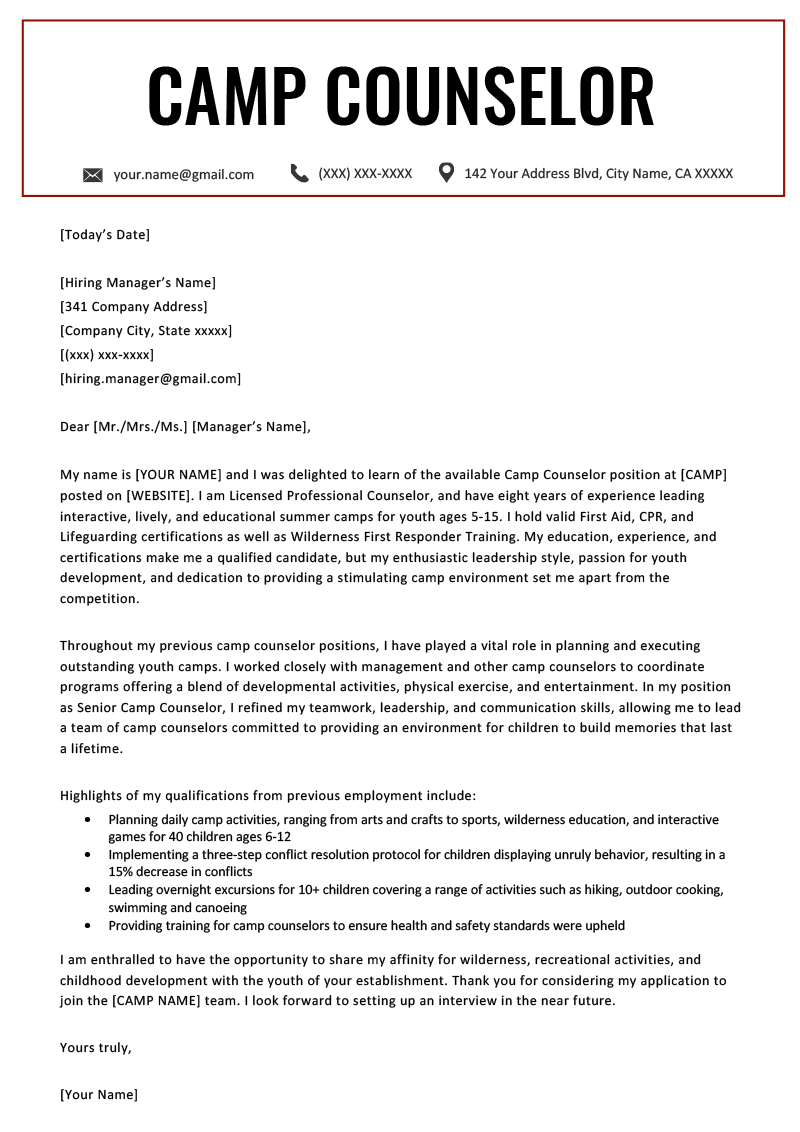 Camp Counselor Cover Letter Sample Tips Resume Genius in size 800 X 1132