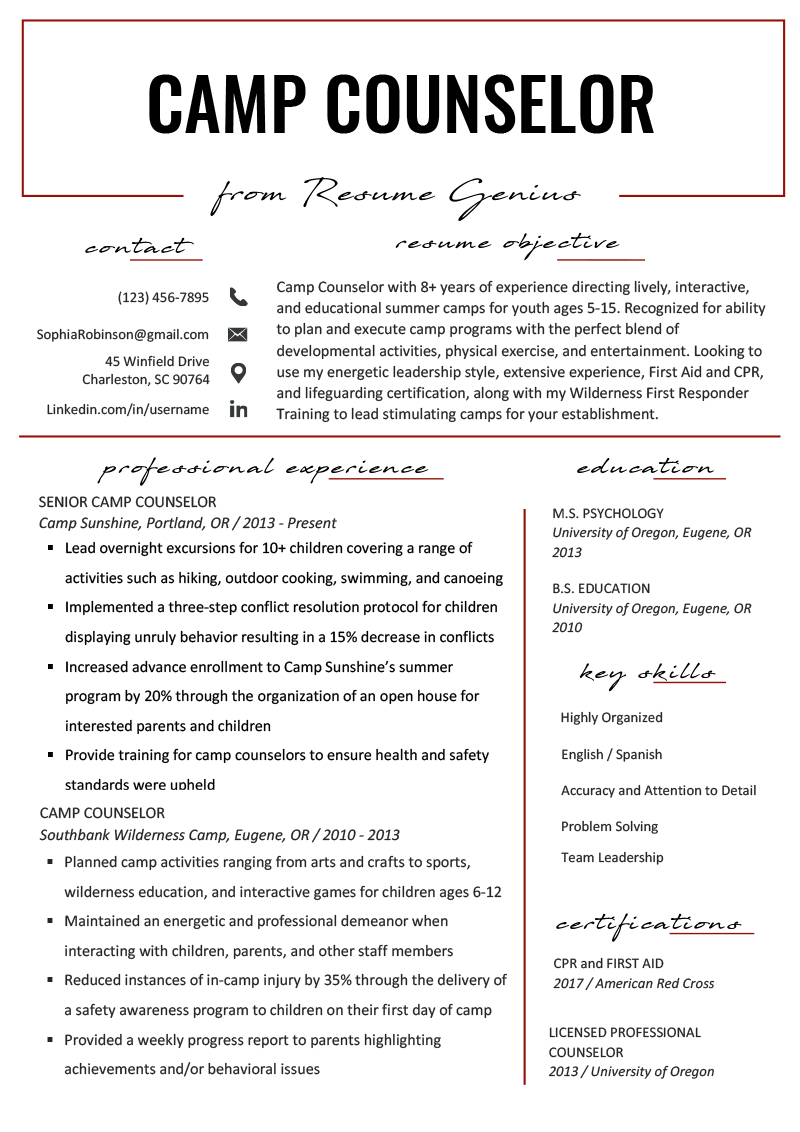 Camp Counselor Resume Sample Tips Resume Genius intended for proportions 800 X 1132