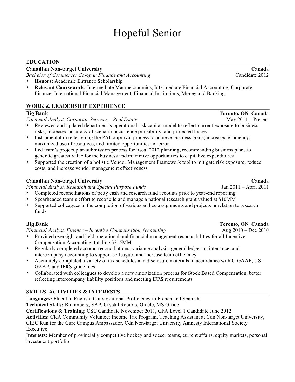 Canadian Senior Resume Wall Street Oasis intended for size 1224 X 1584