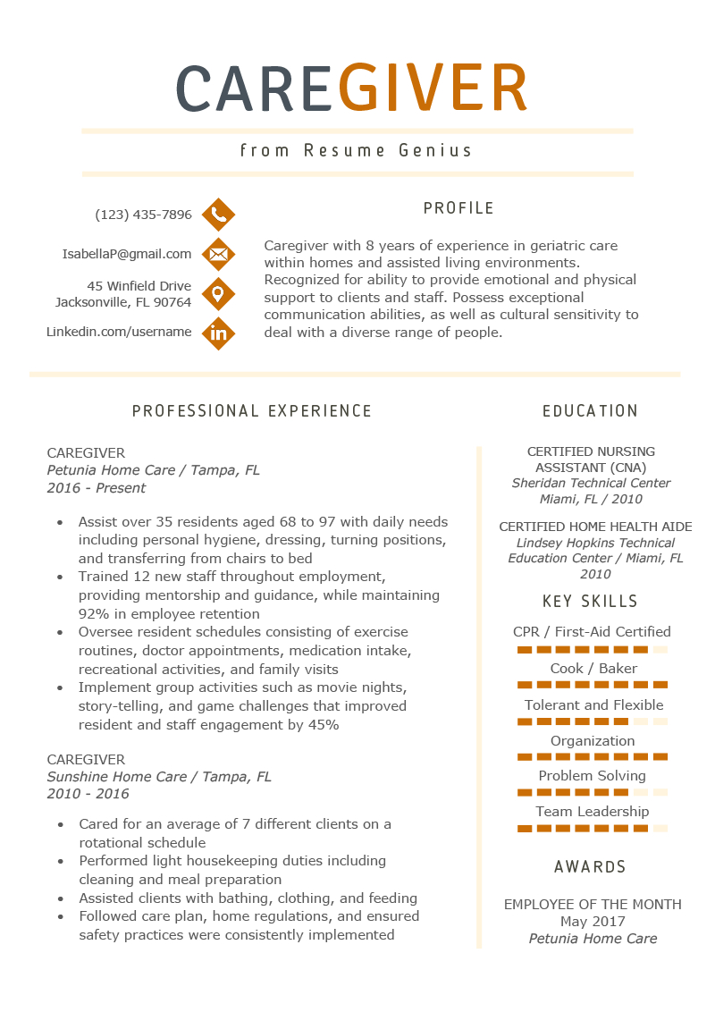 Caregiver Resume Example Writing Guide Resume Genius pertaining to measurements 800 X 1132