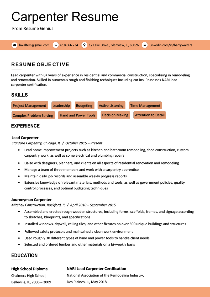 Carpenter Resume Sample Writing Tips Resume Genius for dimensions 800 X 1132