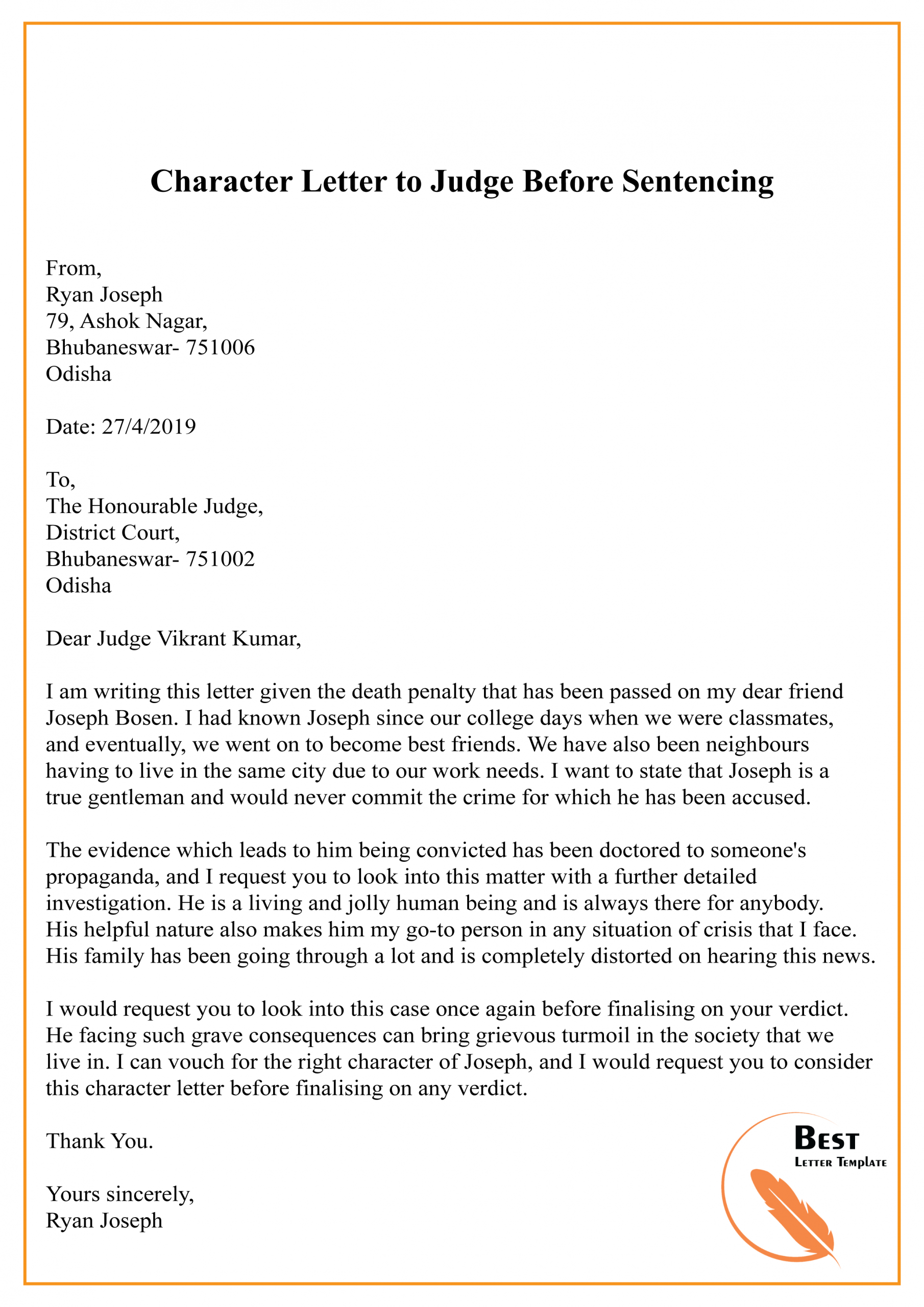 Sample Letter To Judge Before Sentencing Template