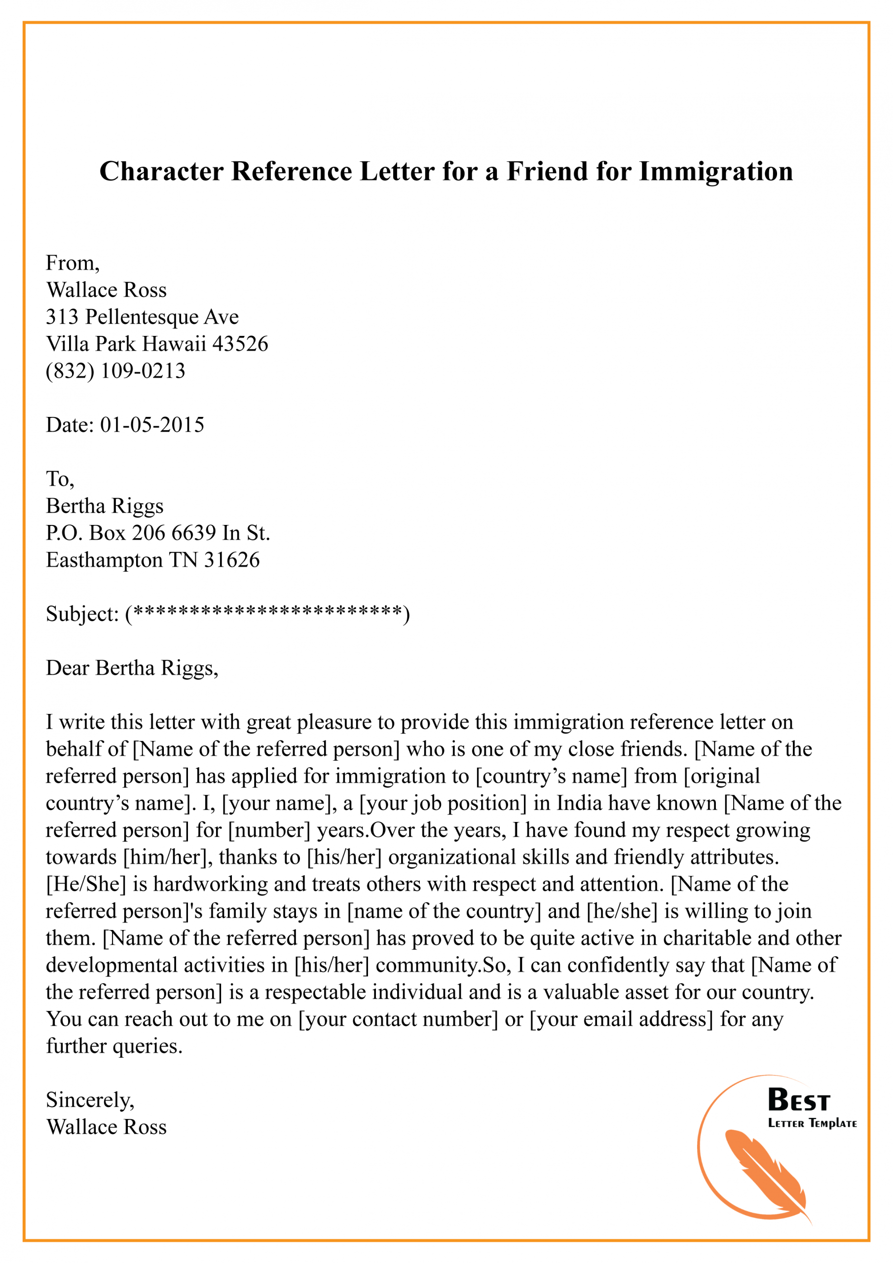 Sample Character Reference Letter For A Friend Template