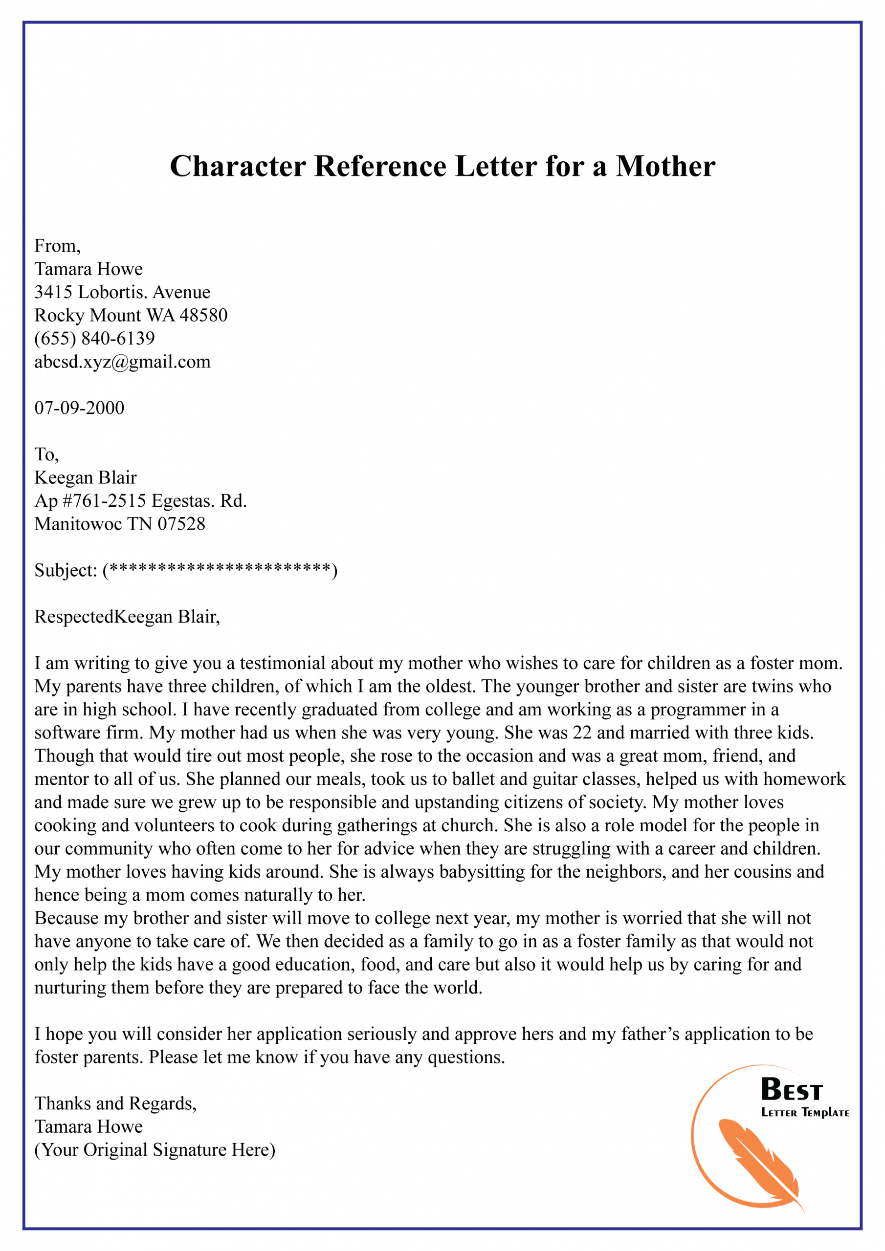 Character Reference Letter For A Mother 01 Best Letter with dimensions 2480 X 3508