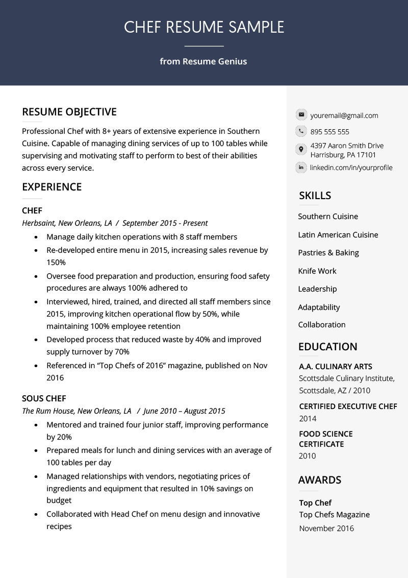 Chef Resume Sample Writing Guide Resume Genius inside proportions 800 X 1132