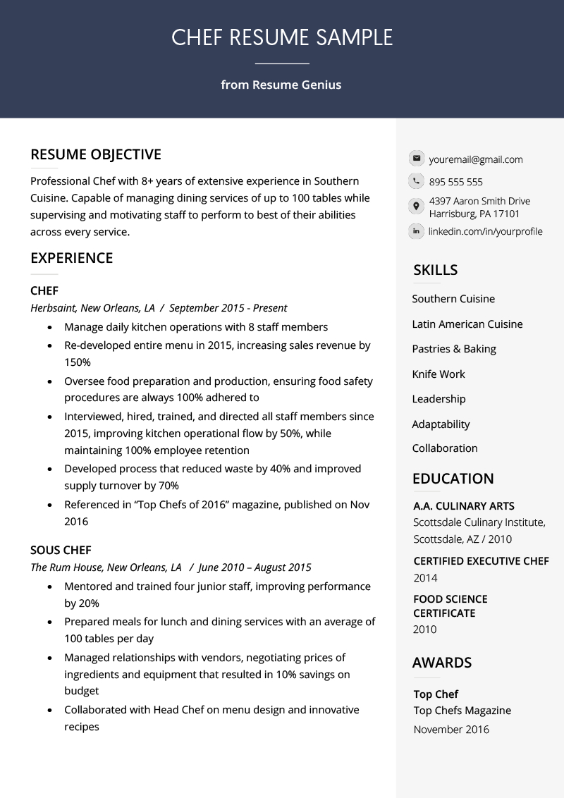 Chef Resume Sample Writing Guide Resume Genius with regard to dimensions 800 X 1132