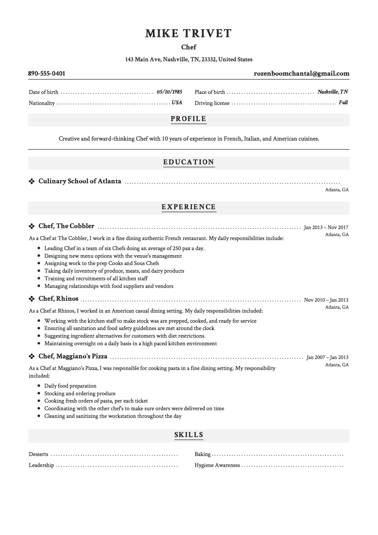 Chef Resume Writing Guide 12 Templates Free Downloads in measurements 1239 X 1754