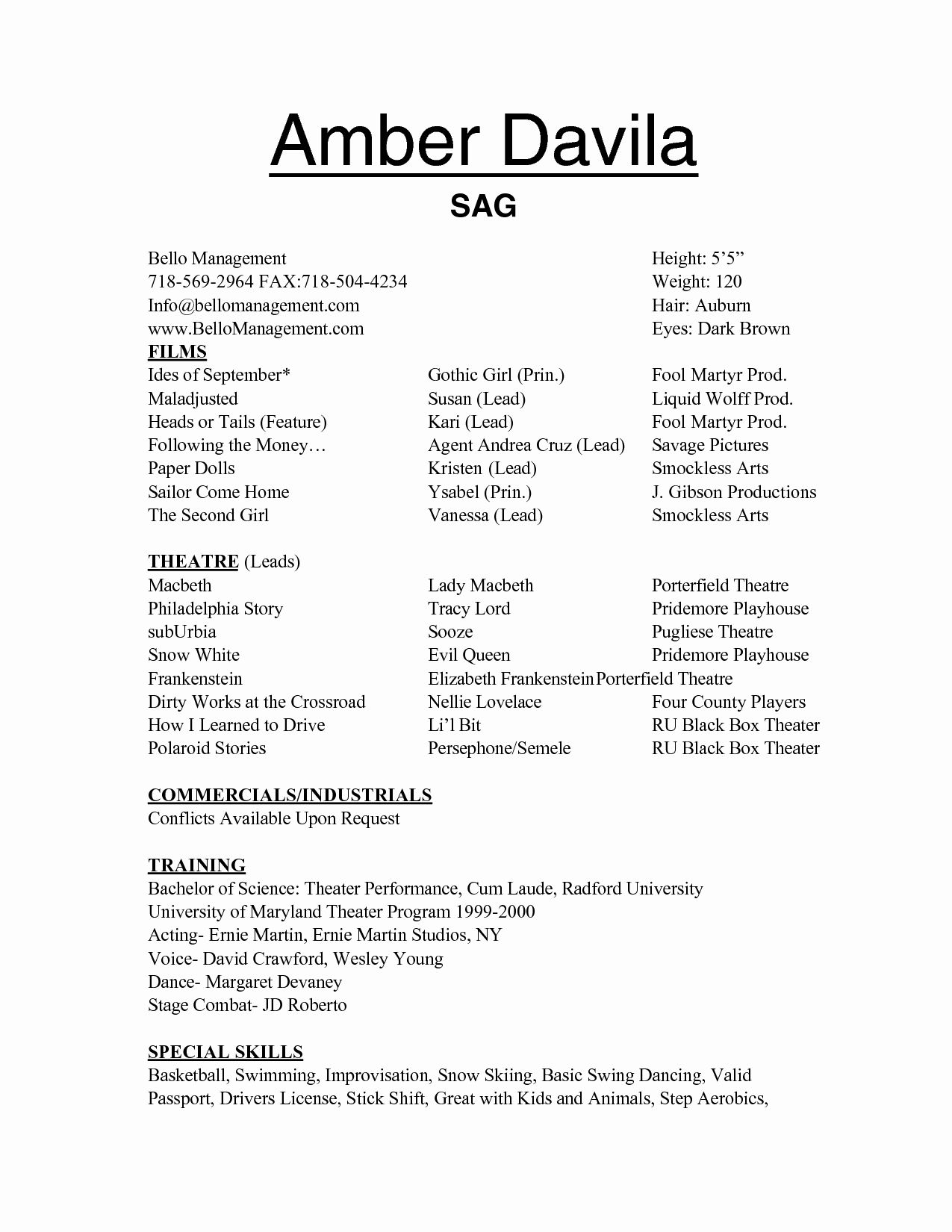 Child Acting Resume Template Beautiful Free Acting Resume with dimensions 1275 X 1650