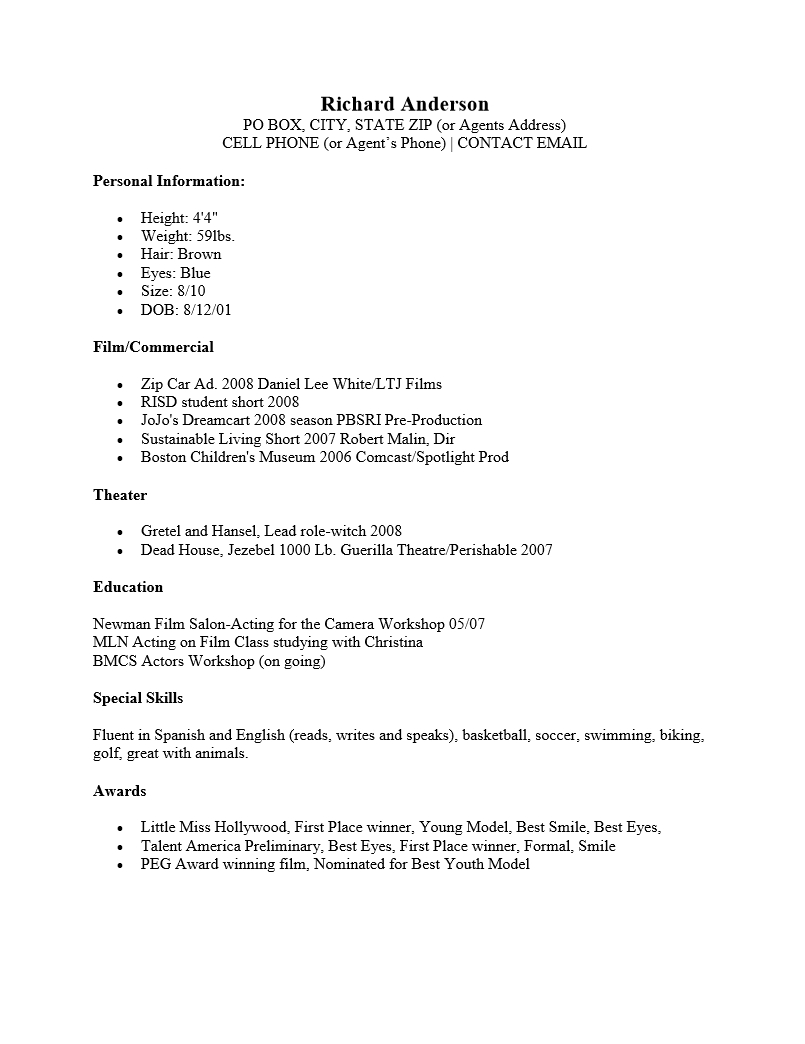 Child Actor Resume Example Akali within size 805 X 1044