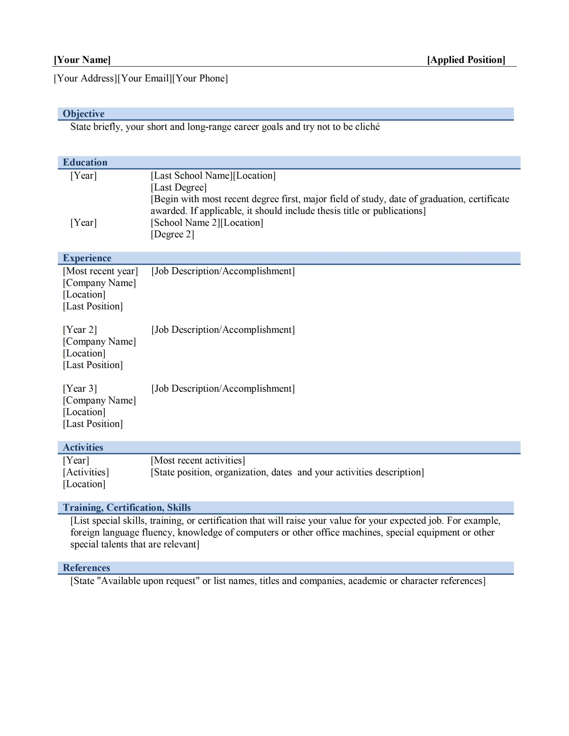 Chronological Resume Template for dimensions 2550 X 3300