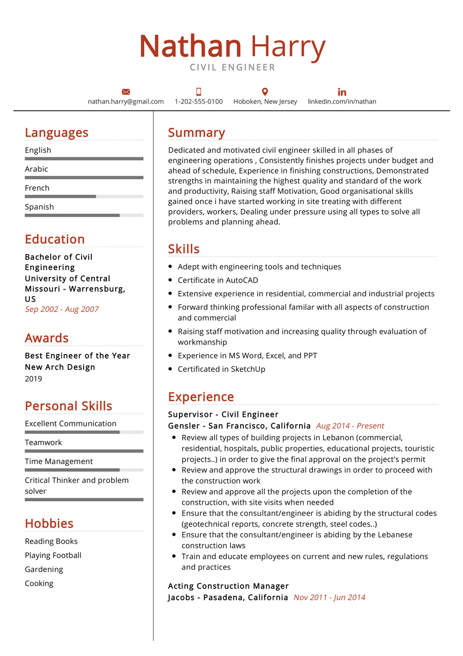 Civil Engineer Resume Example Cv Sample 2020 Resumekraft inside dimensions 913 X 1293