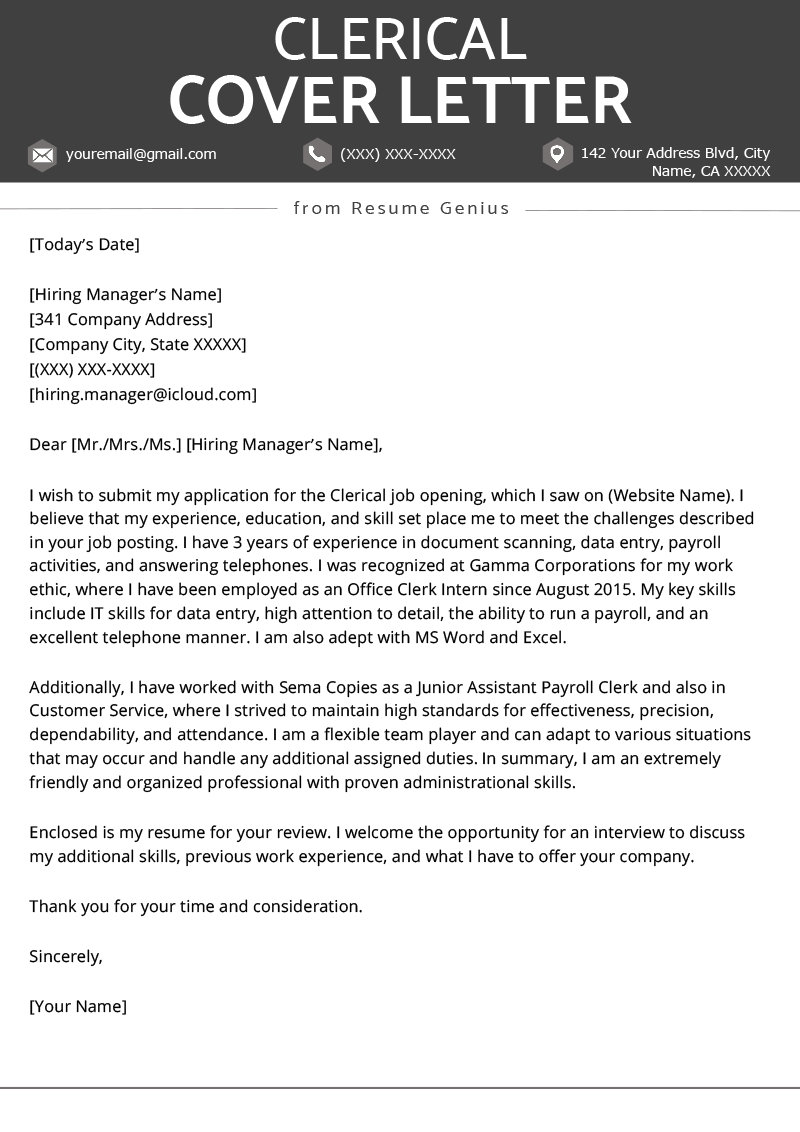 Clerical Cover Letter Example Tips Resume Genius for proportions 800 X 1132