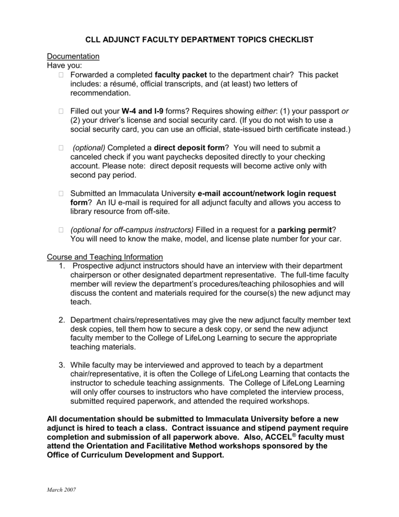 Cll Adjunct Faculty Department Topics Checklist pertaining to size 791 X 1024