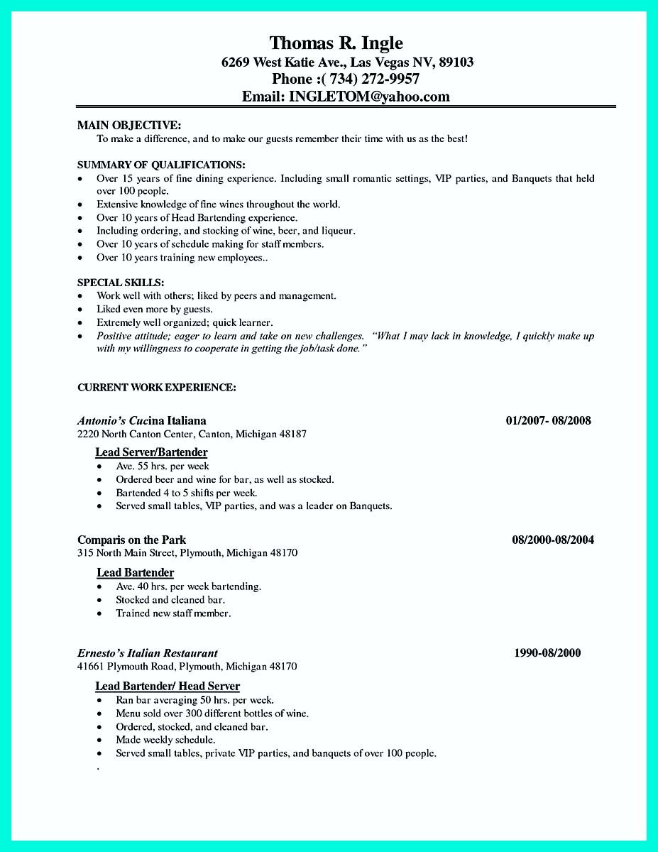 Cocktail Server Resume Skills To Convince Restaurants Or Caf throughout sizing 927 X 1200