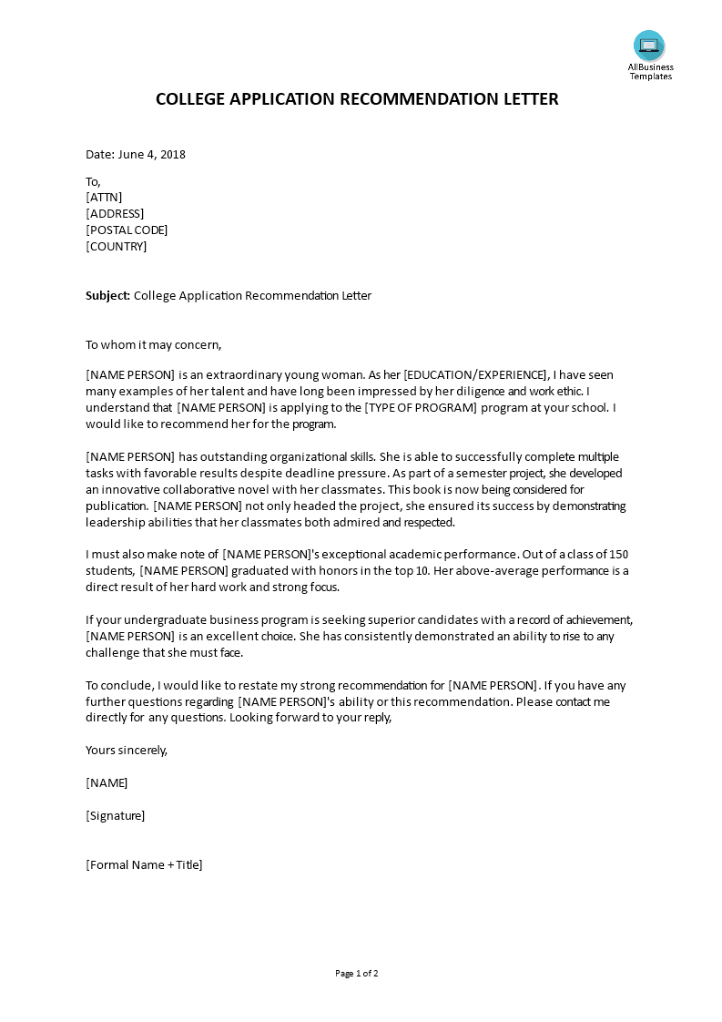 College Application Recommendation Letter Templates At within measurements 793 X 1122