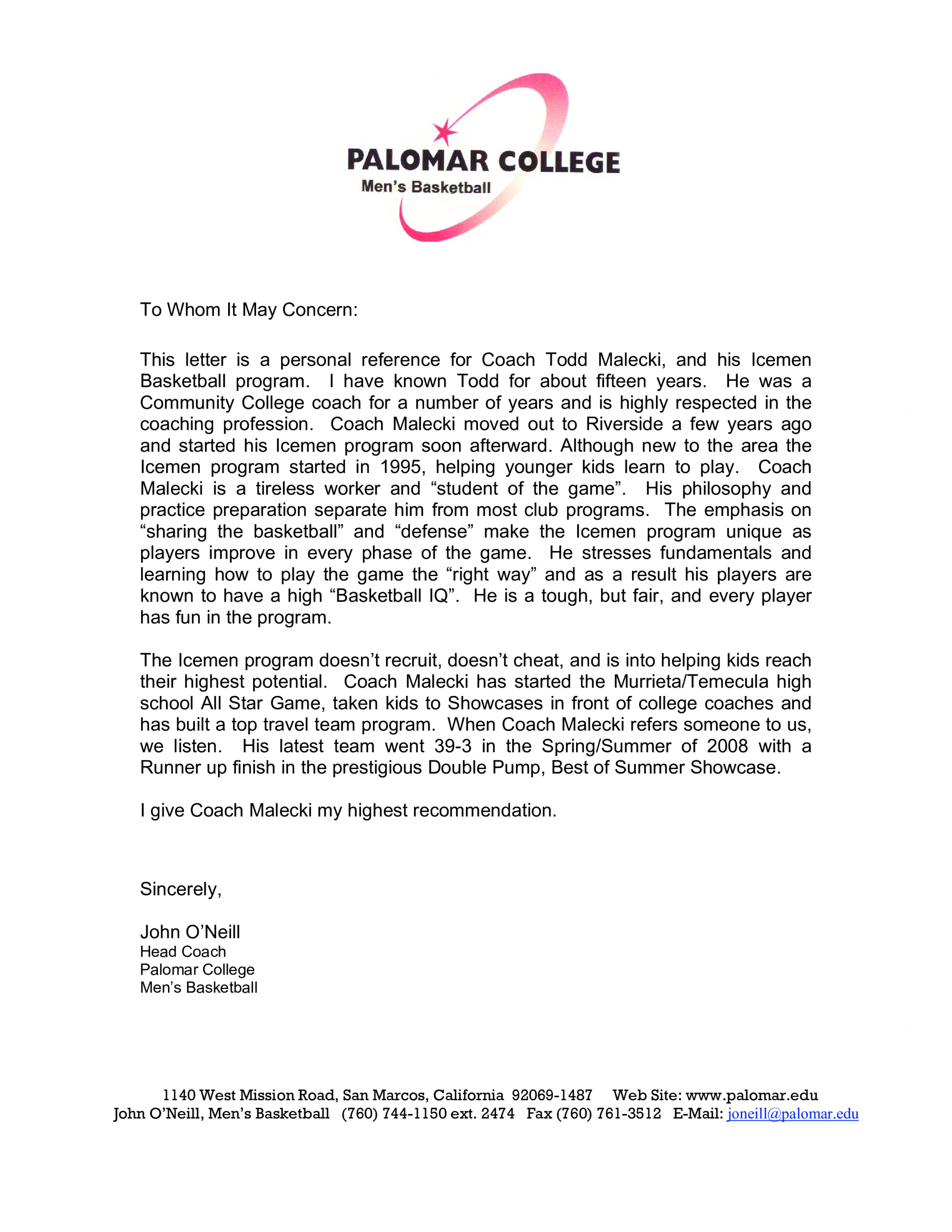 College Letter Of Recommendation From Coach Enom inside proportions 2550 X 3300