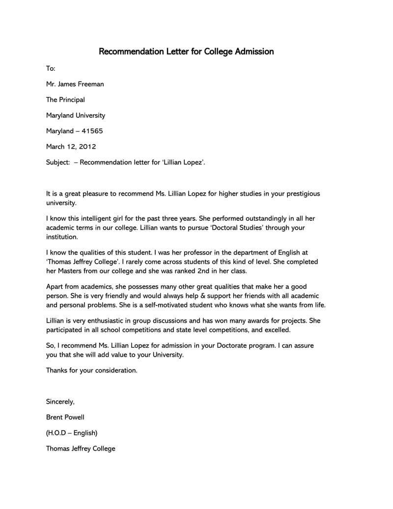 College Recommendation Letter 10 Sample Letters Free inside dimensions 800 X 1035